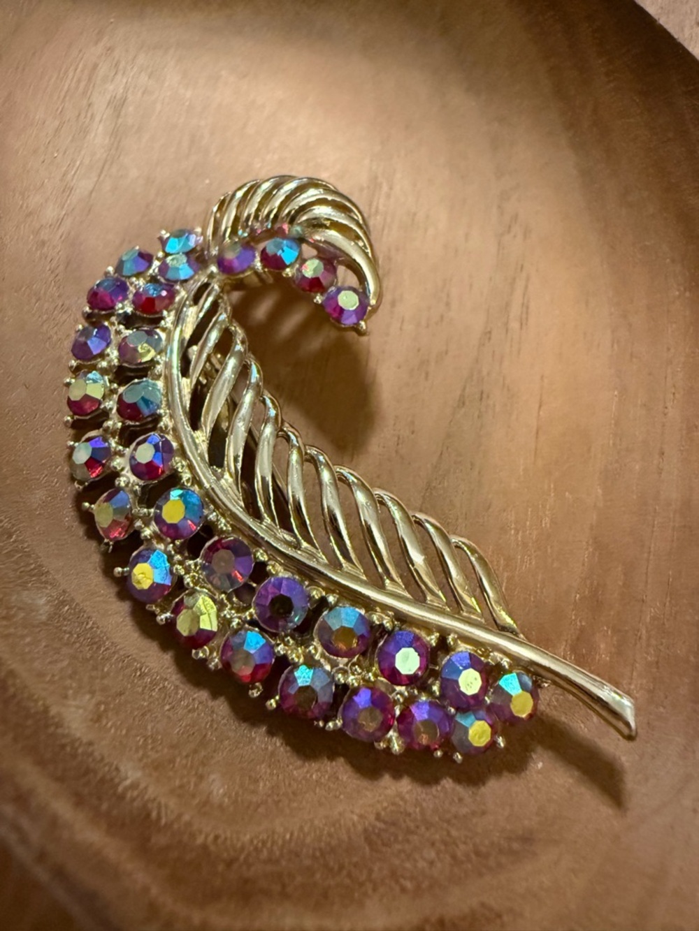 Aurora Crystal Feather Brooch - Gold Tone